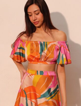 Isla Tropical Satin Bubble Sleeve Crop Top